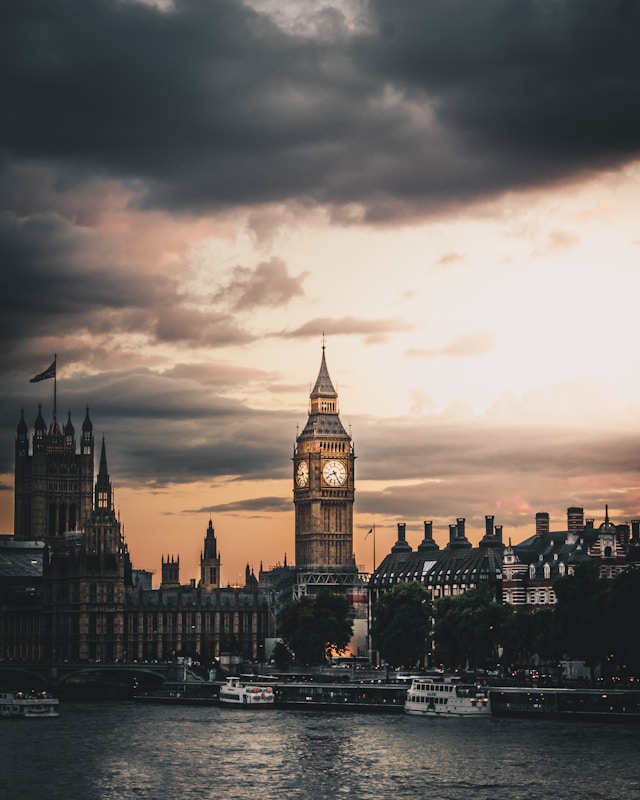 London cityscape with Big Ben Clock Tower and Houses of Parliament along the Thames River in England