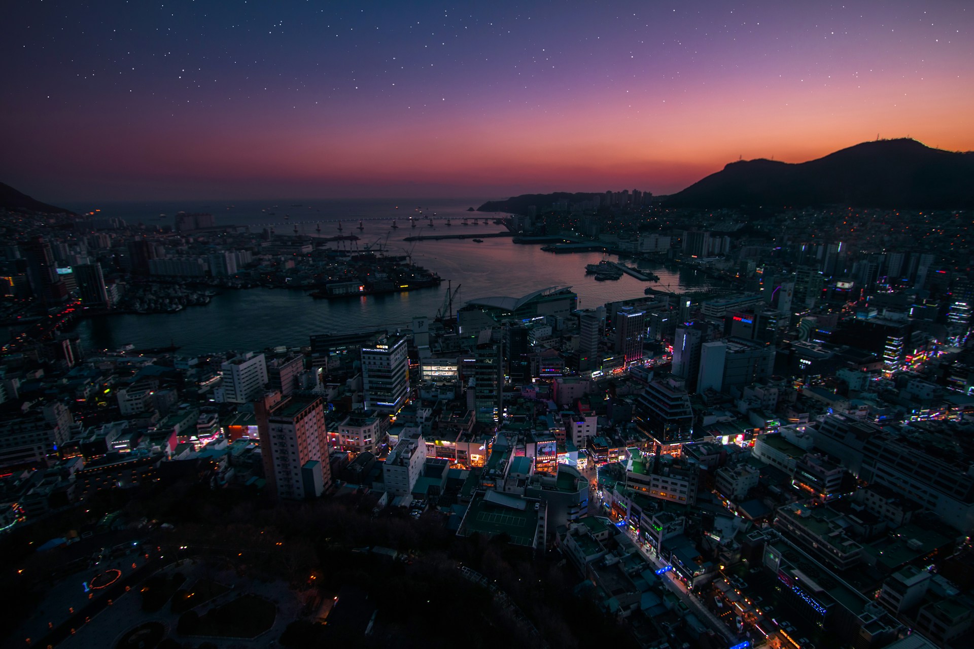 An aerial view of Busan South Korea at night