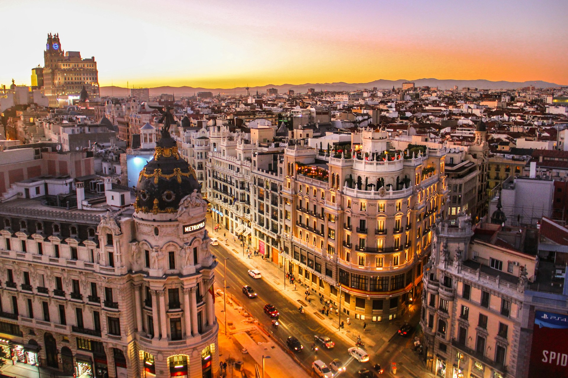 A sunset aerial view of Gran Via located in Madrid Spain