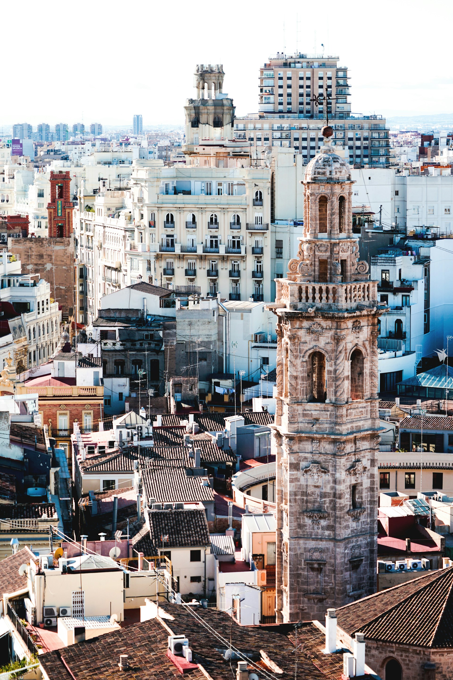 An aerial view of a bell tower in Valencia, Spain